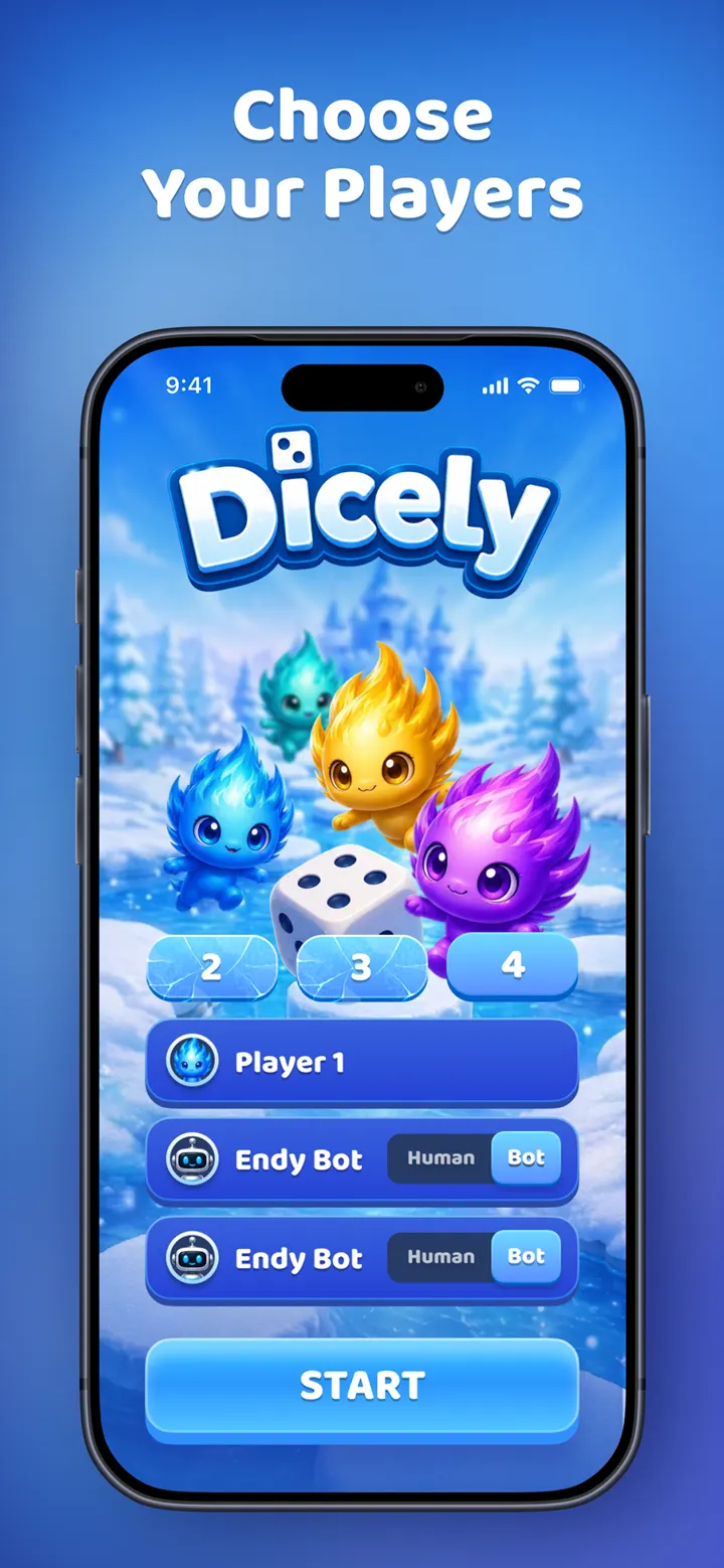 Choose your players screen with two to four slots, each switchable between human and bot, beside the elemental characters.
