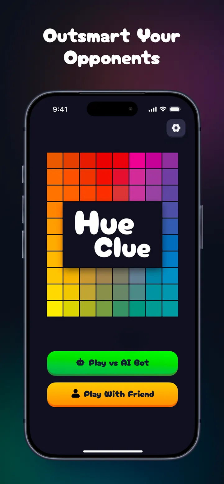 Hue Clue title screen over the full color grid, with Play vs AI Bot and Play With Friend buttons.